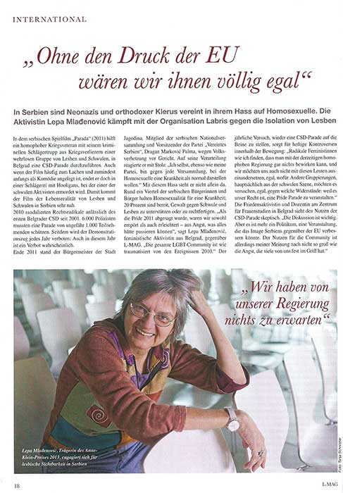 Interview mit der serbischen Frauenrechtsaktivistin Lepa Mlađenović, Trägerin des Anne-Klein-Frauenpreises der Heinrich-Böll-Stiftung